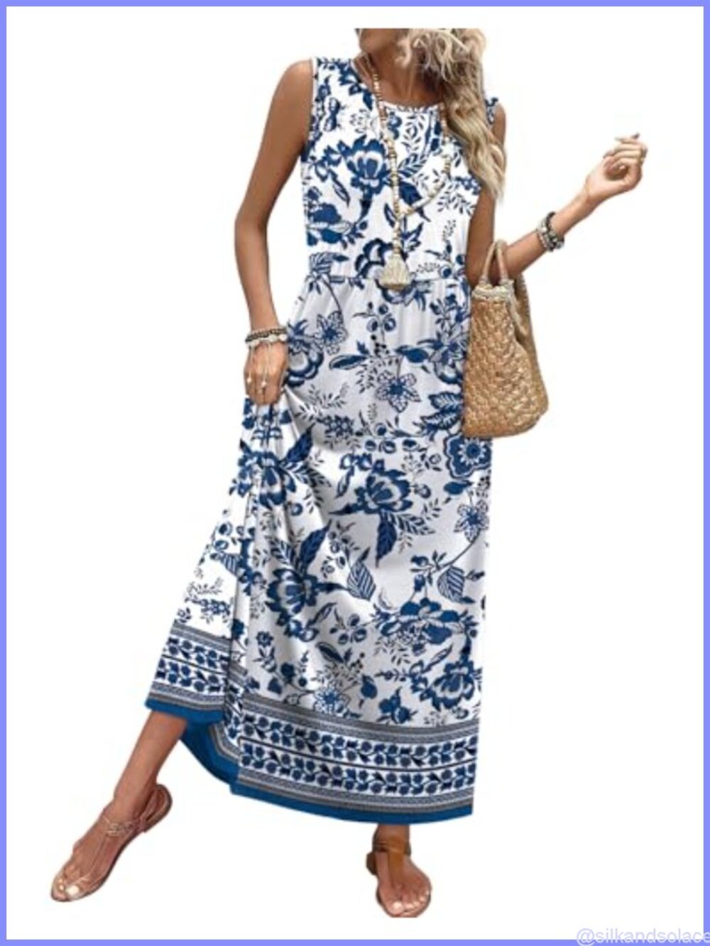 95% Polyester 5% Spandex Flowy A-Line Sleeveless Maxi Dress with Pockets